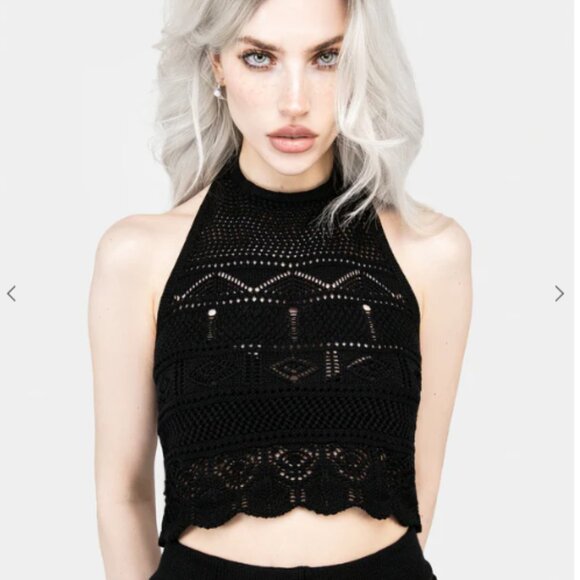 DISTURBIA Hooked pointelle knit black cropped halter top size S - Picture 1 of 9